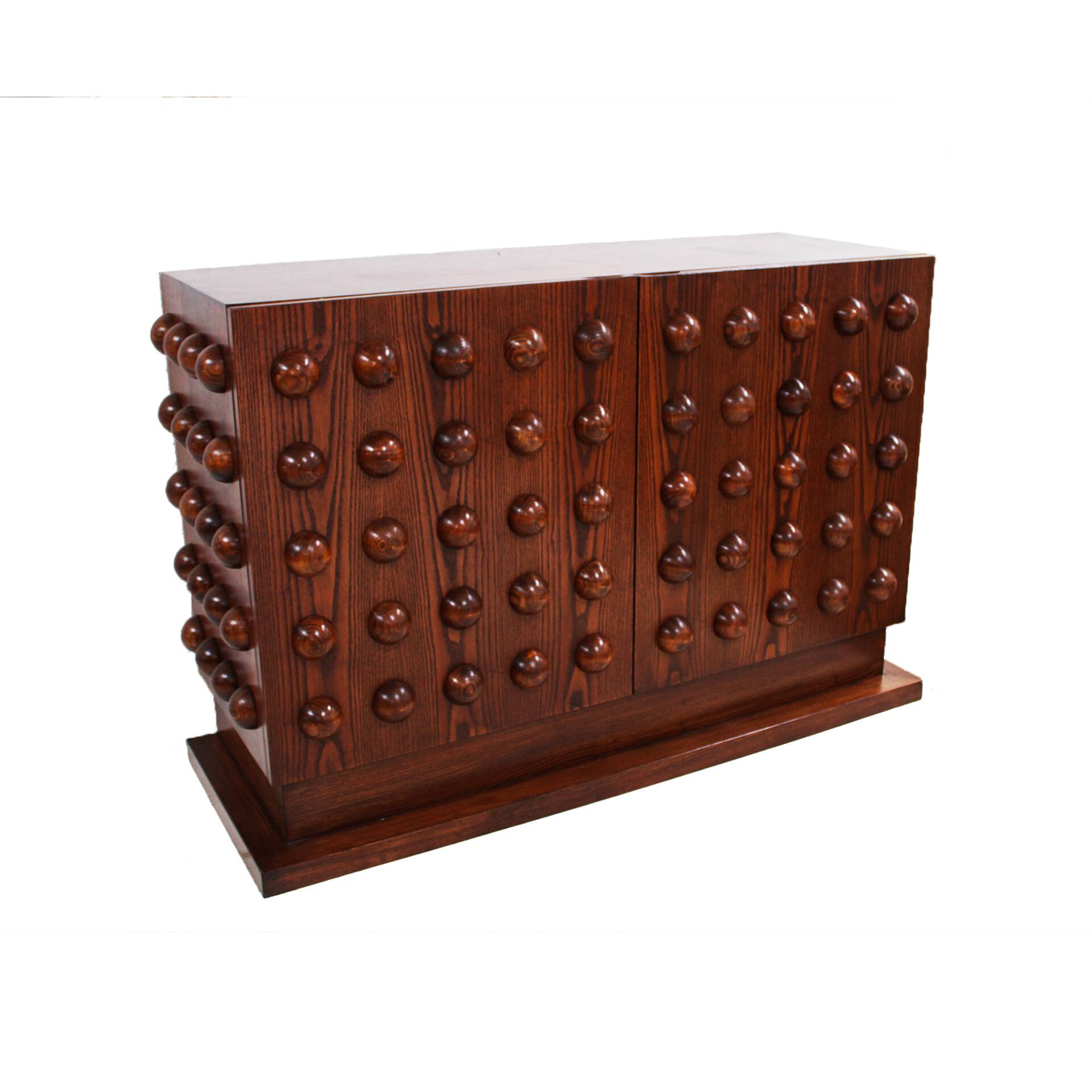 Italian Brutalist Hand-Carved Oak Wood Sideboard with Sculptural Studded Do