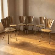 Set of 6 vintage fan-back dining chairs with beige leatherette upholstery