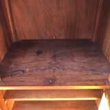 Art Deco sideboard bar cabinet in solid walnut with 3 doors and 1 richly carved tilting false drawer.