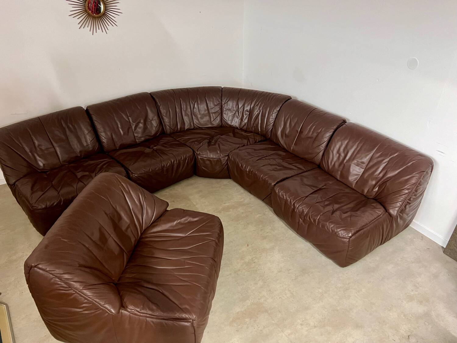 Large modular sofa with brown leather armchair 80s design dreipunkt vintage sofa