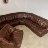 Large modular sofa with brown leather armchair 80s design dreipunkt vintage sofa