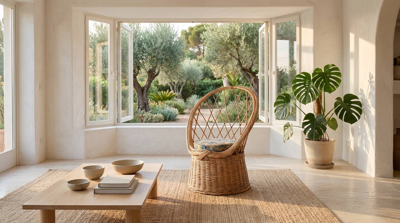 Vintage shell chair in woven rattan with original cushion.