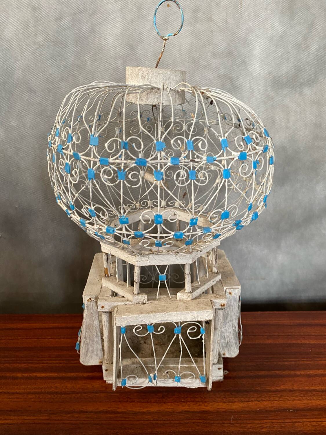 Old Bird Cage Hot Air Balloon Wood + Metal White Blue Vintage Deco