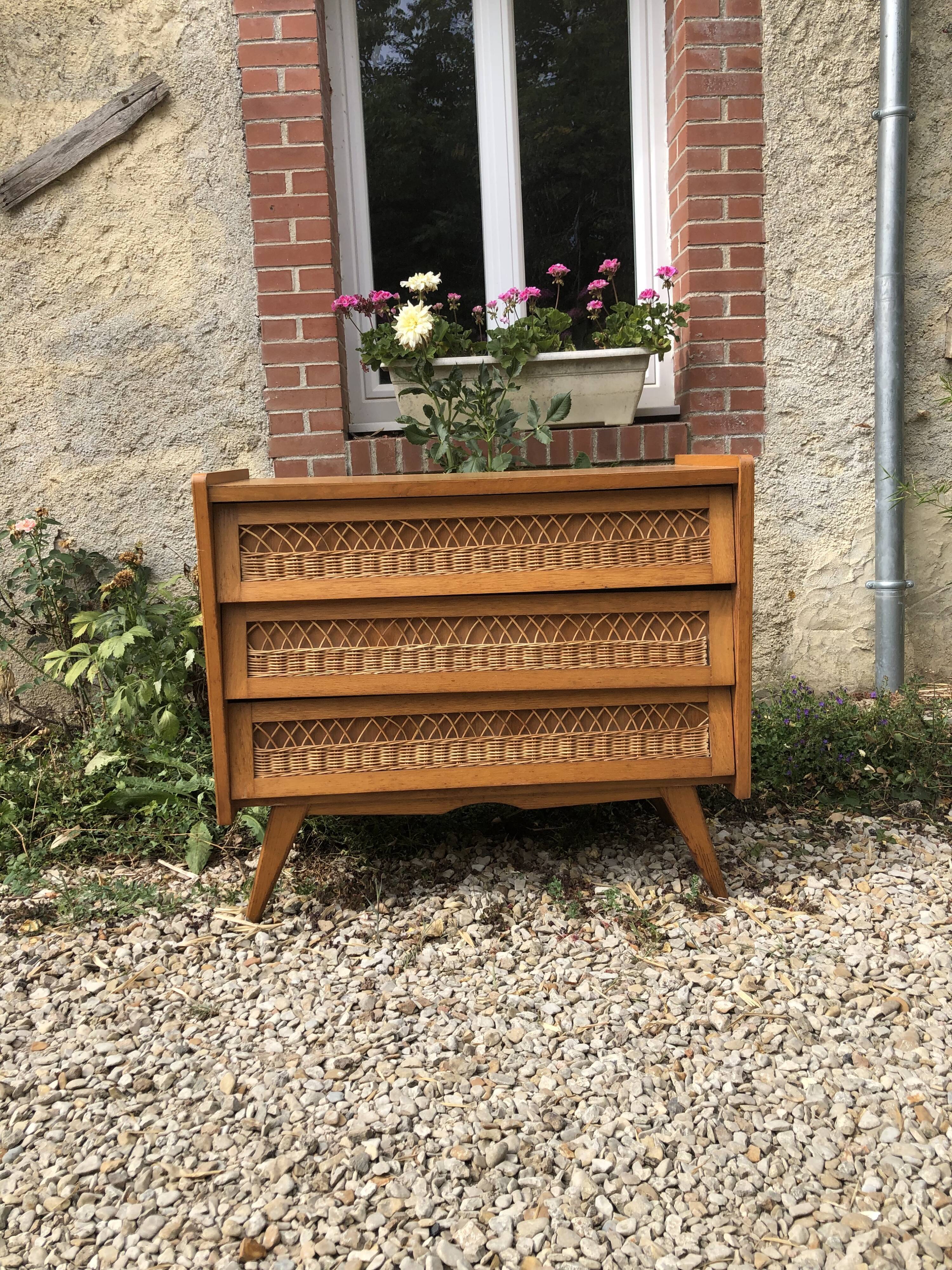 Wooden and rattan chest of drawers