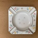 Ancien cendrier aubecq métal émaillé blanc décor fleurs & étoiles vintage