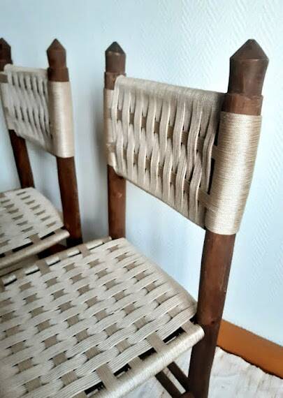Brutalist wooden and rope chairs