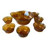 Salad bowl and raviers in tempered glass Vereco amber brown