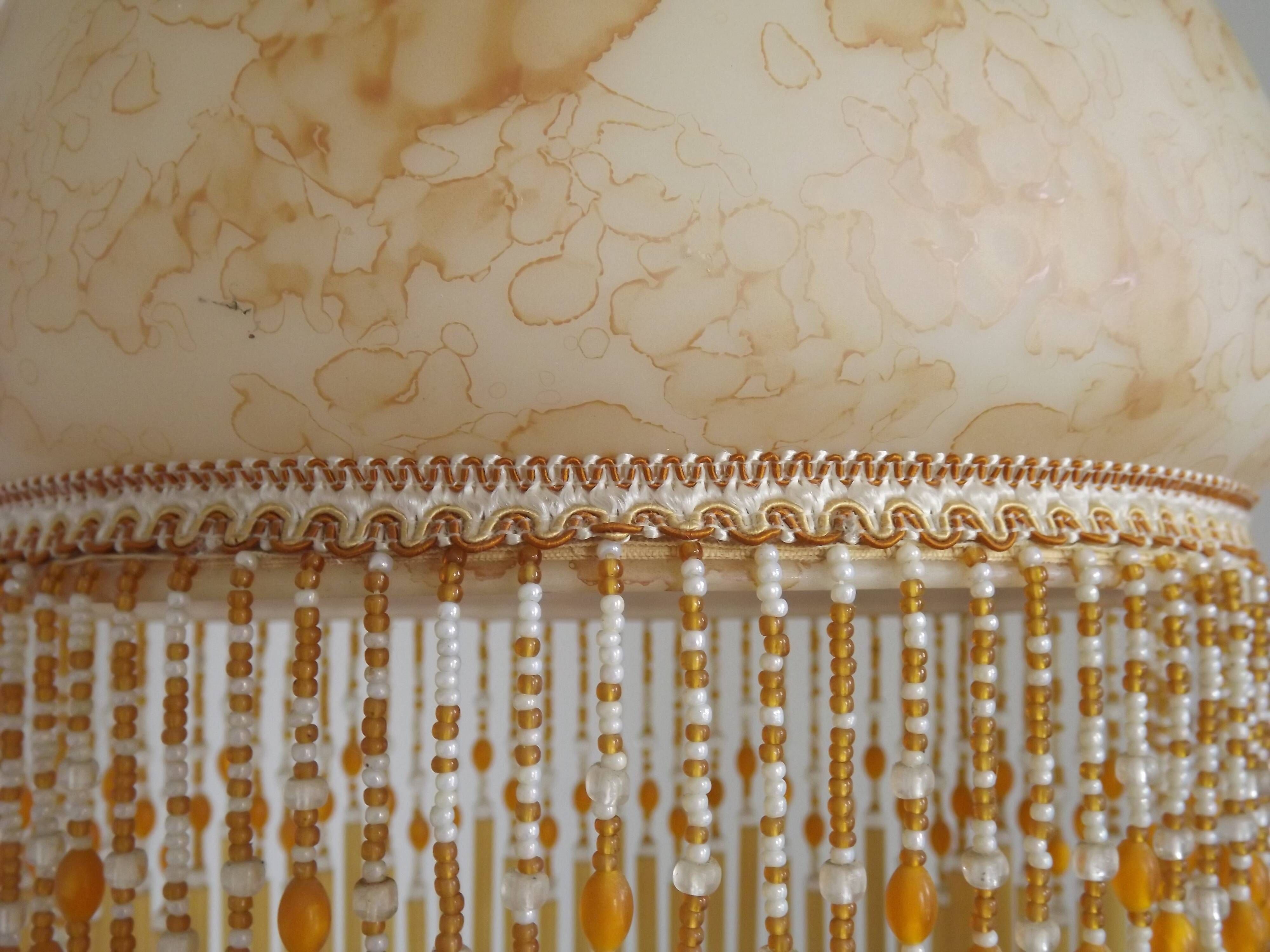 Mid Century Amber Mottled Glass Ceiling Light with Beaded Glass Fringe