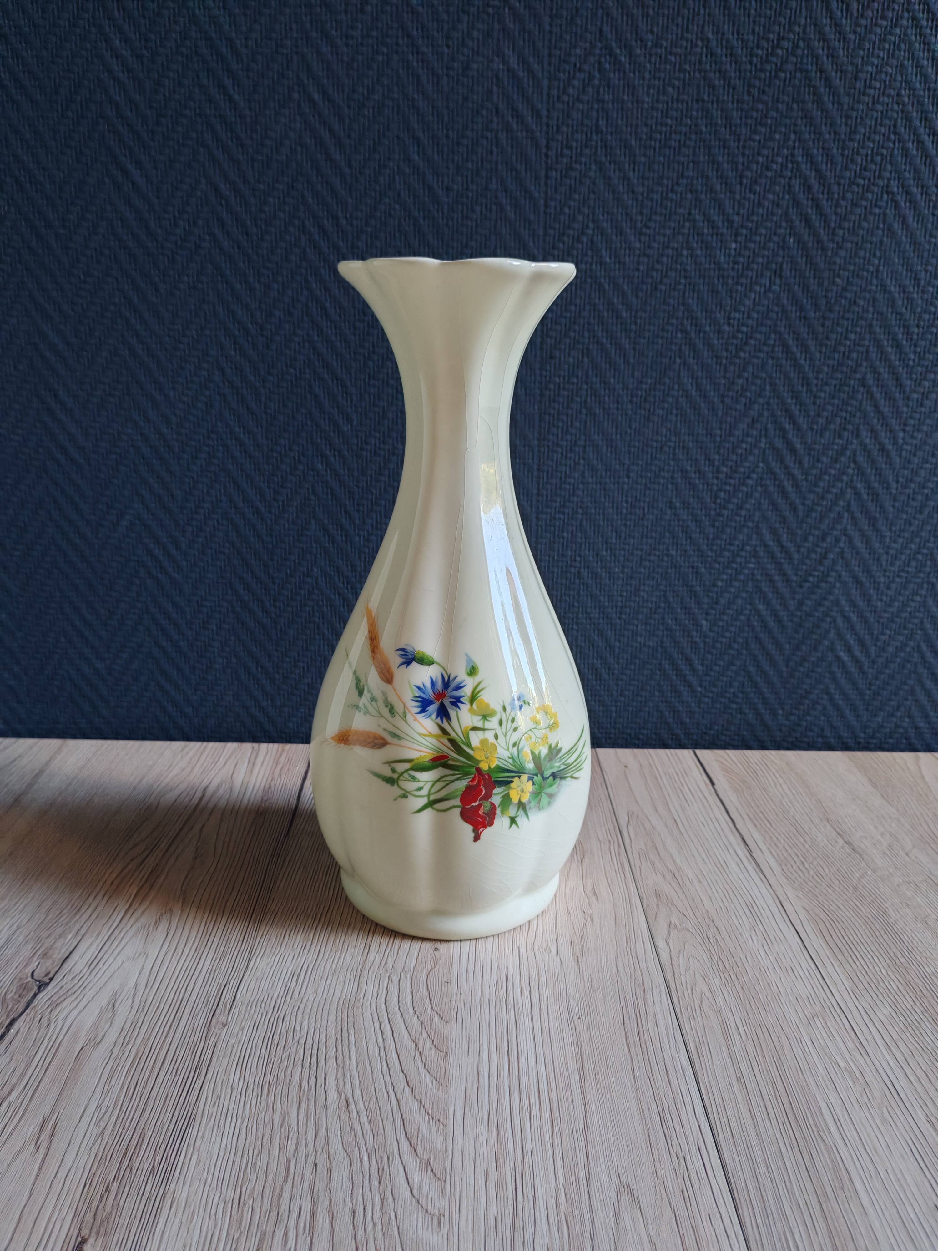 Vintage White Broken Ceramic Vase with Floral Pattern, Ribbed Vase