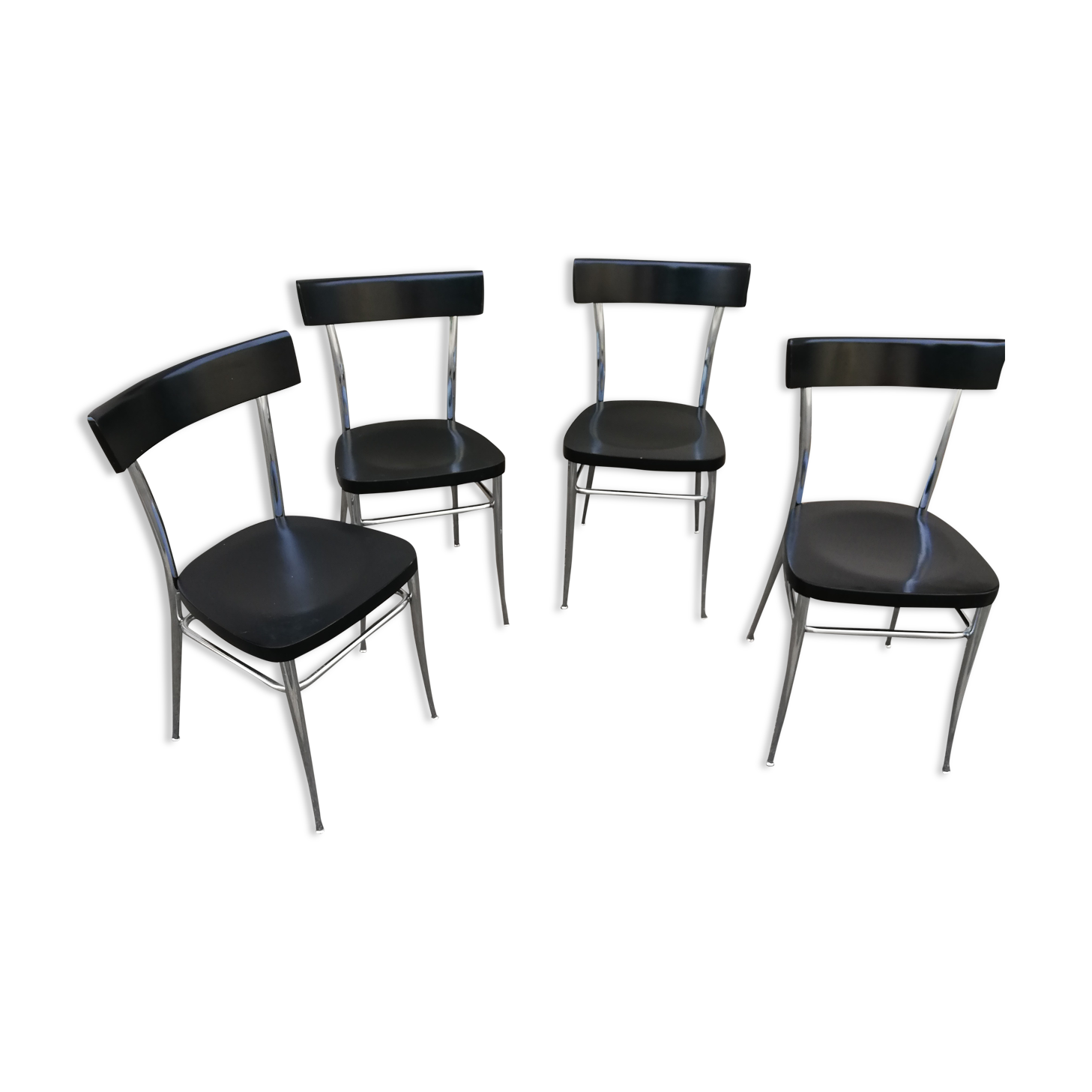 Set of 4 vintage chairs chrome and black wood