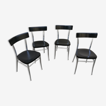 Set of 4 vintage chairs chrome and black wood