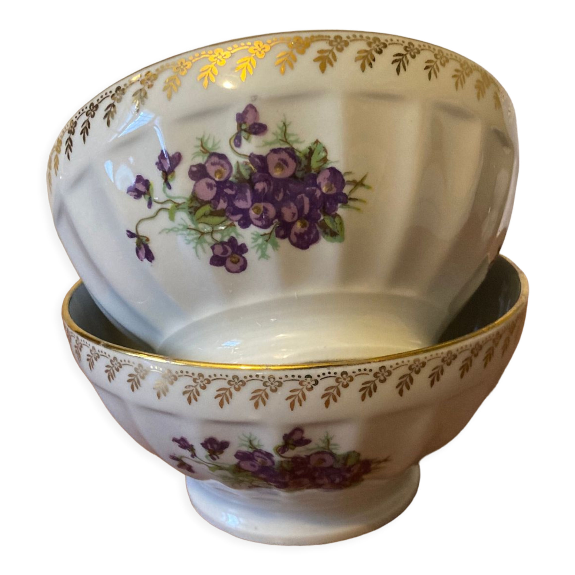 2 bols aux violettes porcelaine de Chauvigny Deshoulières