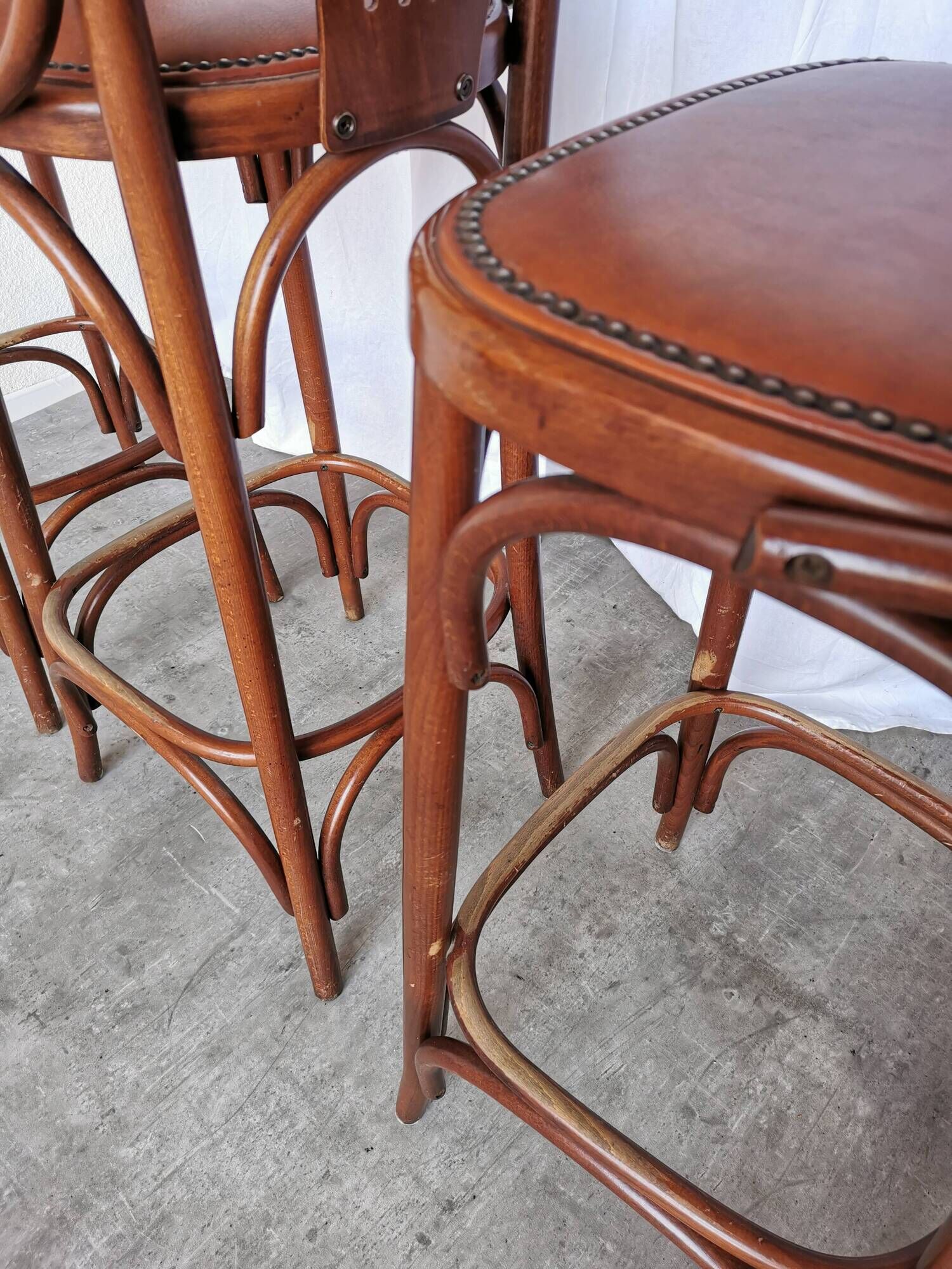 Set of 4 Vintage Bentwood Bar Stools, Brown Leather Seat, Nailhead Trim