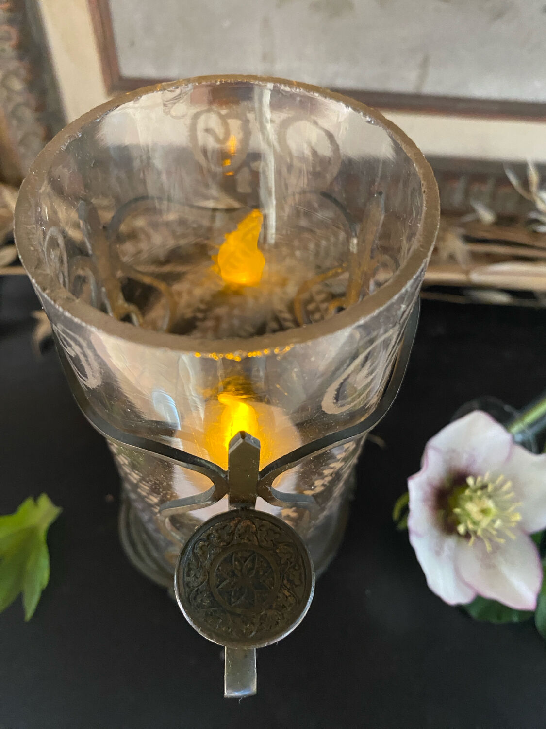 Antique glass and bronze candlestick