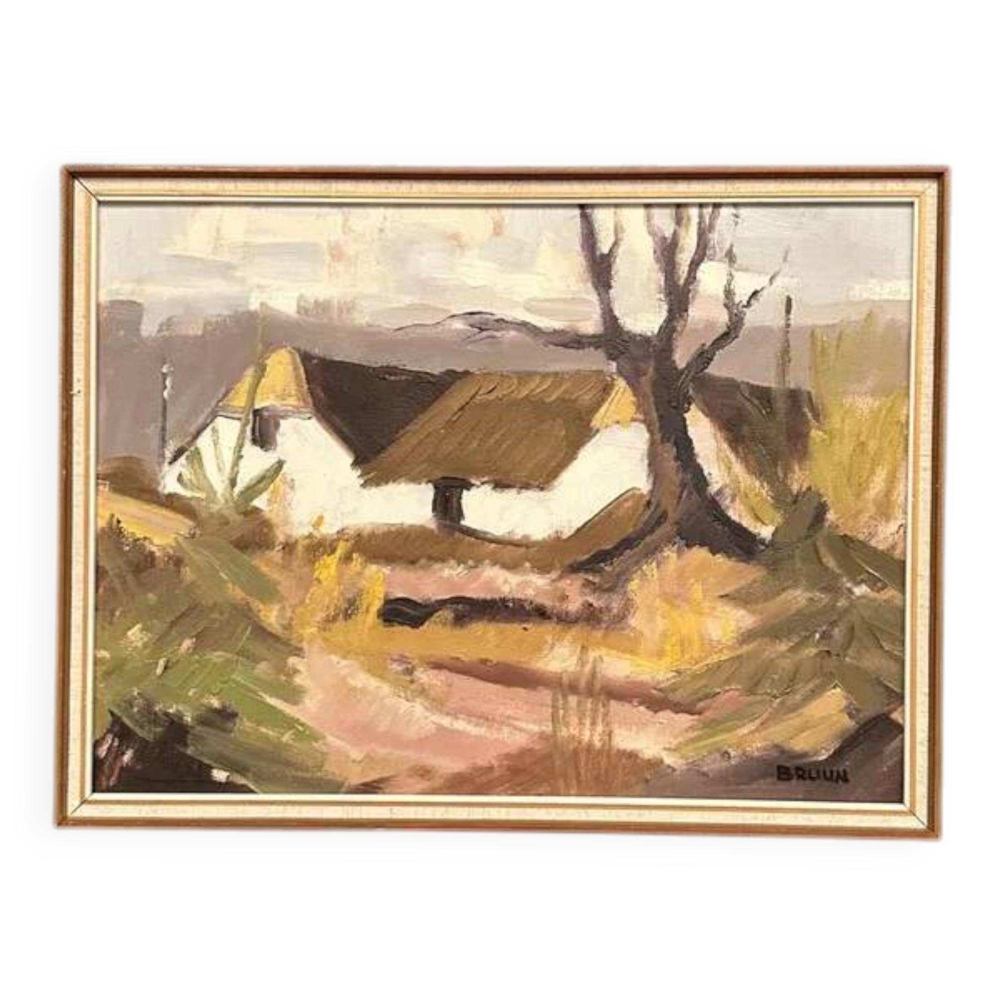 Original Swedish Oil on Canvas – "Farm" by Jörgen Bruun – Signed – Vintage and Framed – 41 × 31 cm (16.1" × 12.2")