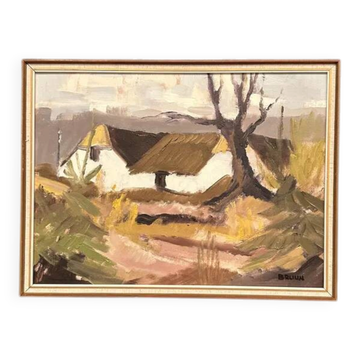 Huile sur toile originale – "Ferme" par Jörgen Bruun – Signée – Vintage et encadrée – 41 × 31 cm (16,1" × 12,2")