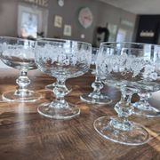 Set of 6 vintage glass champagne glasses with grape cluster filigree