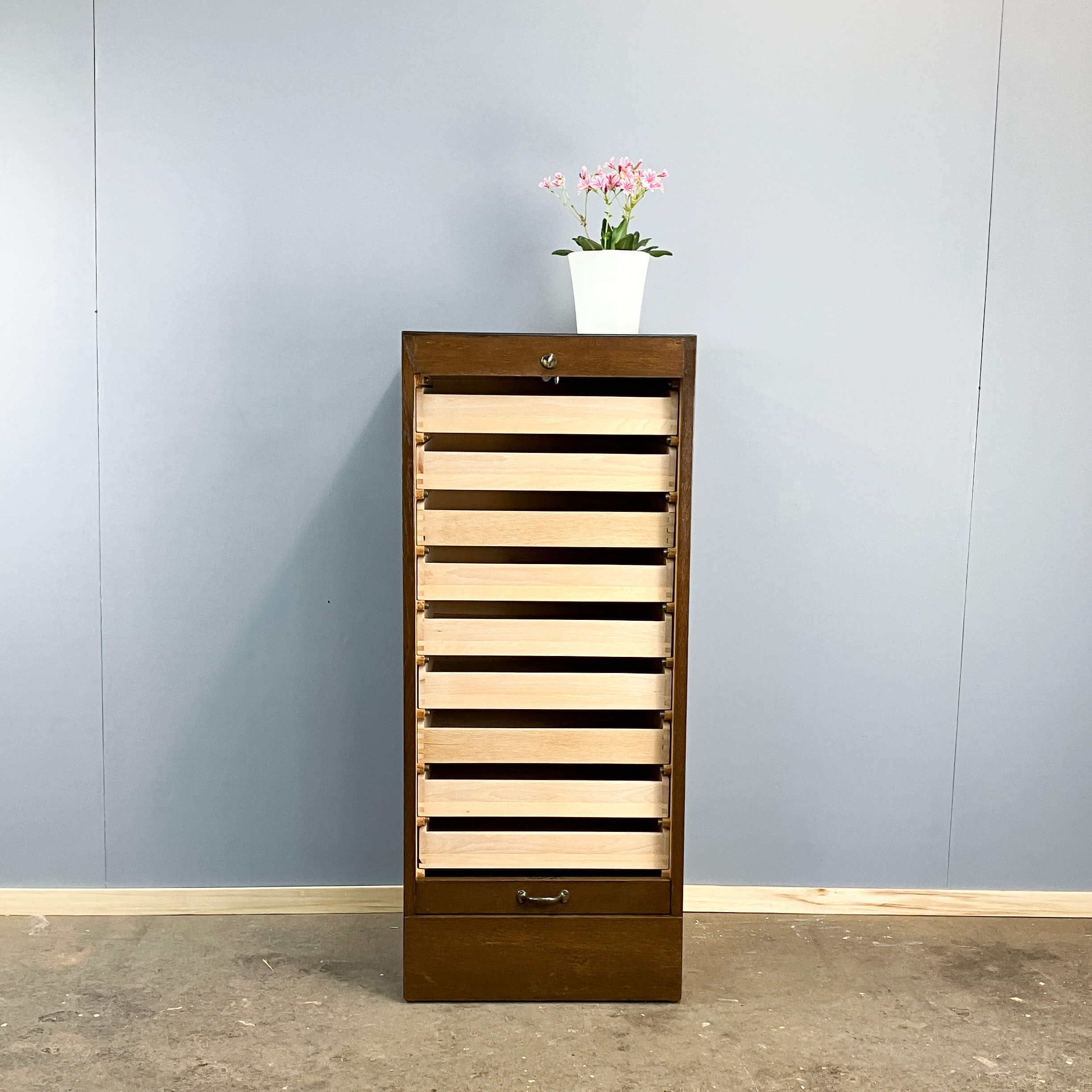 Roller shutter cabinet, dark oak, 1950s