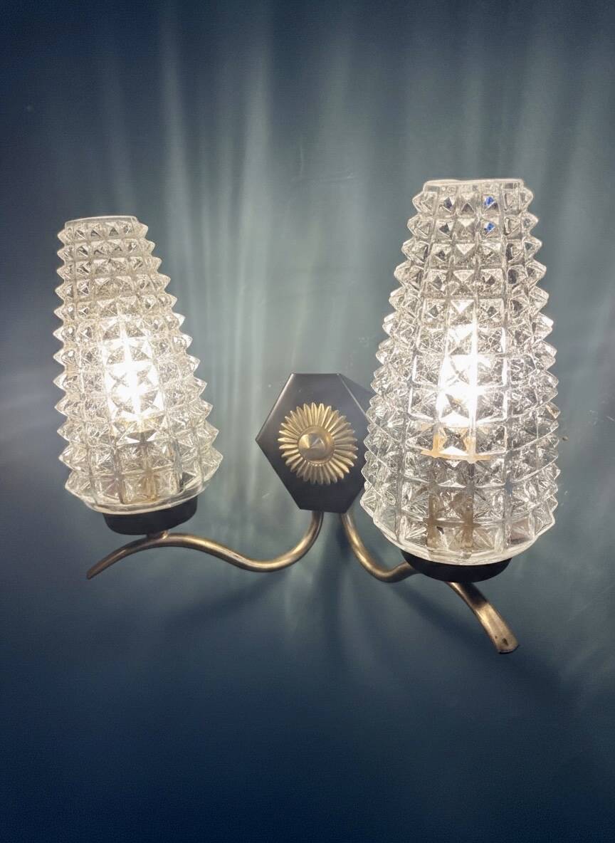 Double applique Mid Century Modern attributed to Maison Arlus, brass and glass.