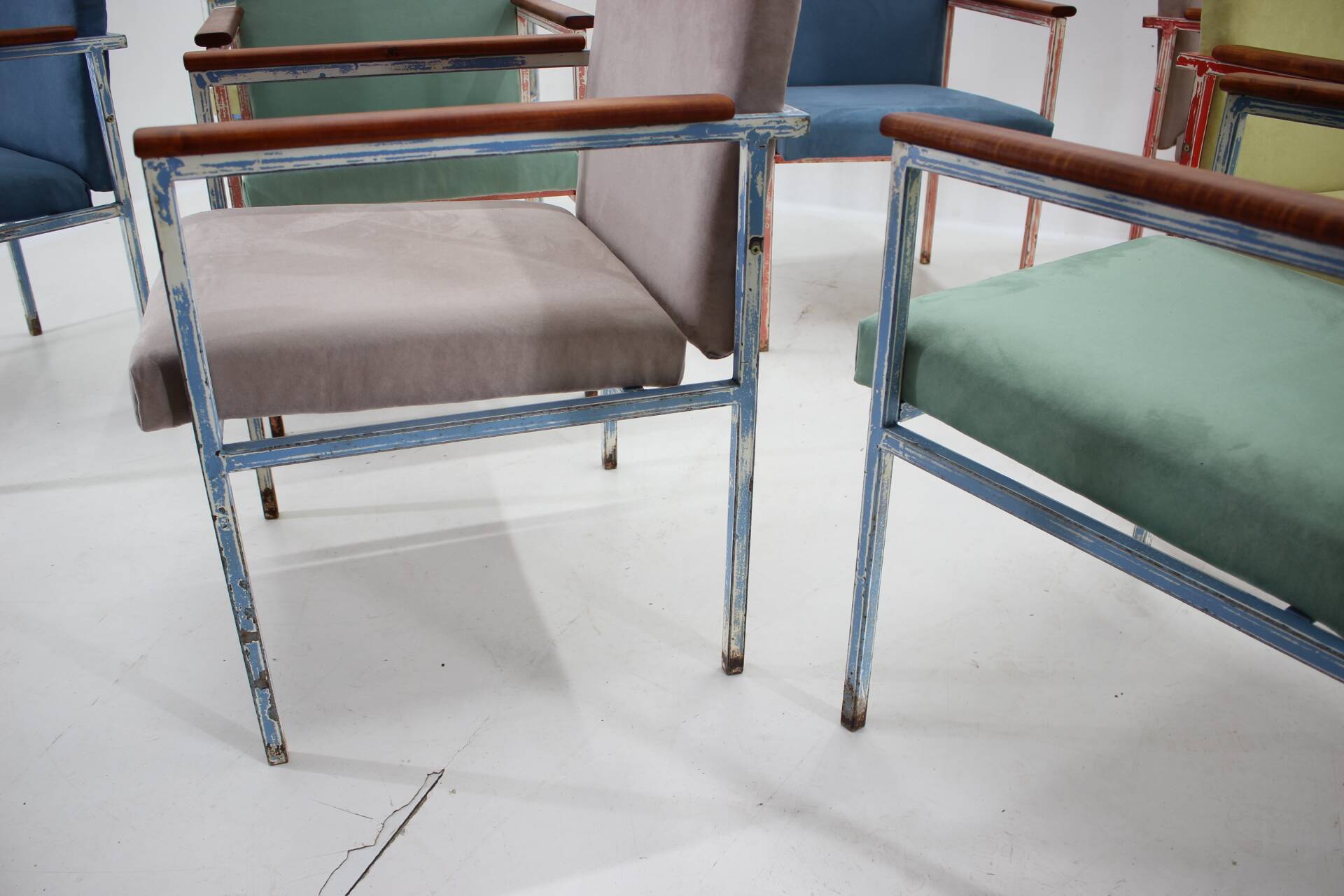 1960s Set of Eight Iron and Wood Armchairs/Dining Chairs,Czechoslovakia