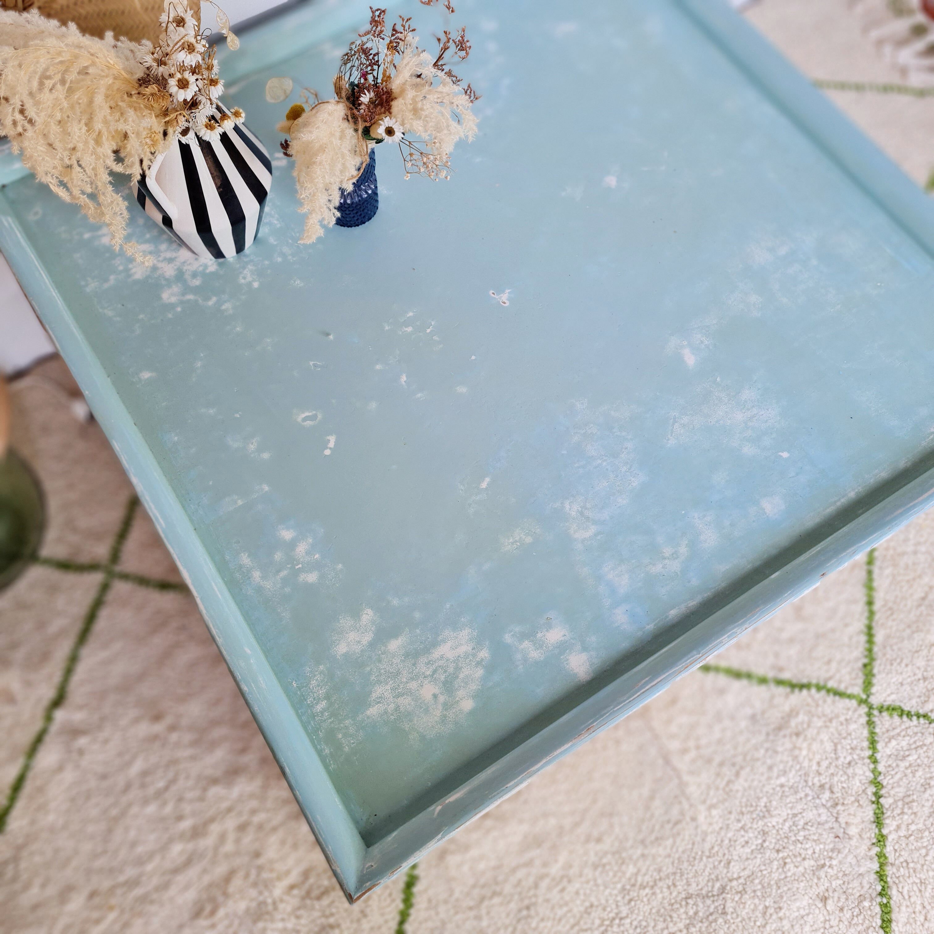 Coffee table in square wood renovated blue