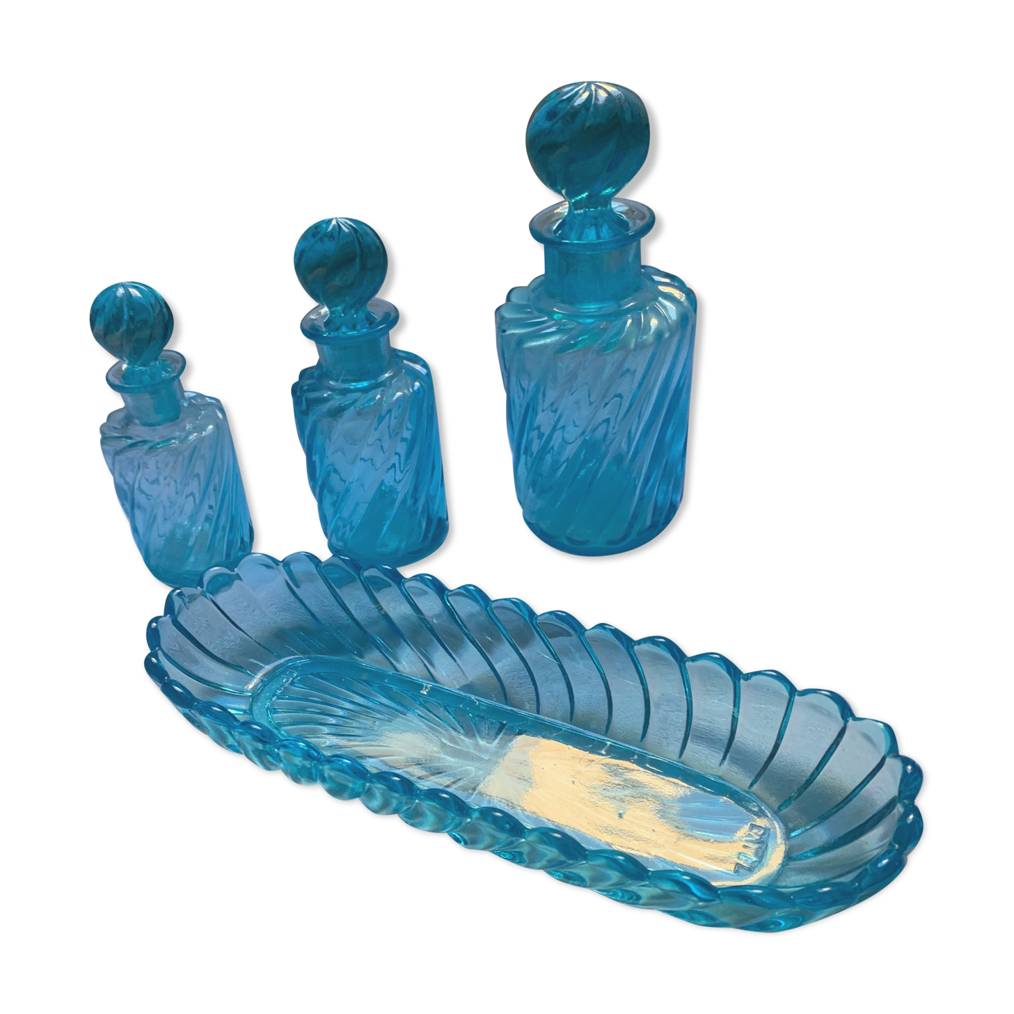 Toiletries and vintage blue glass bottles