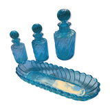 Toiletries and vintage blue glass bottles