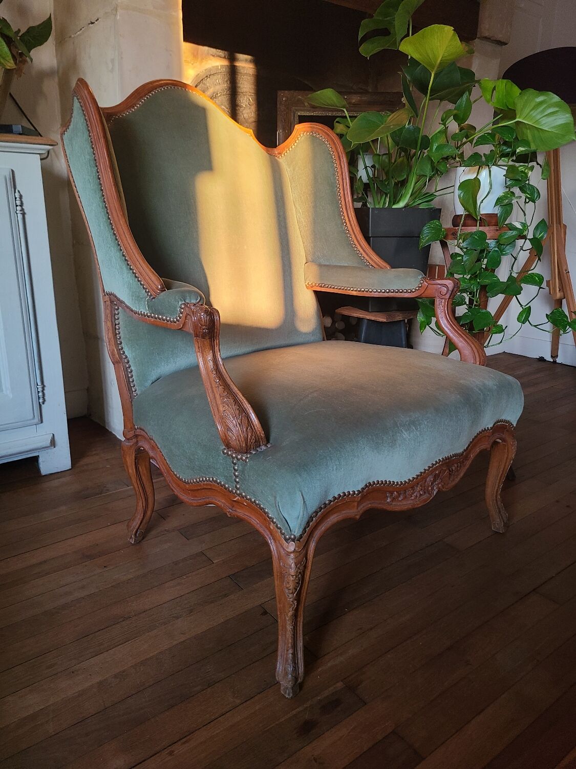 Vintage Louis XV style wing chair, light green velvet