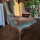 Vintage Louis XV style wing chair, light green velvet