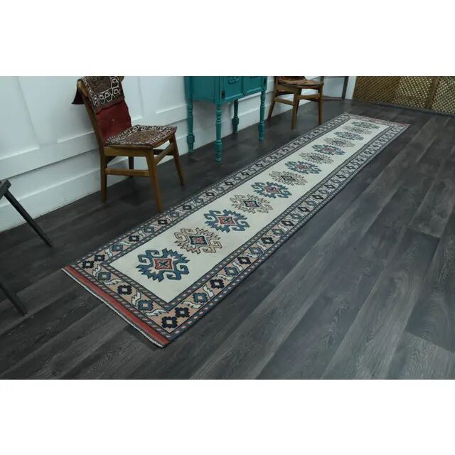 1970s Vintage Turkish Handmade Wool & Cotton Beige Runner Rug 84x402