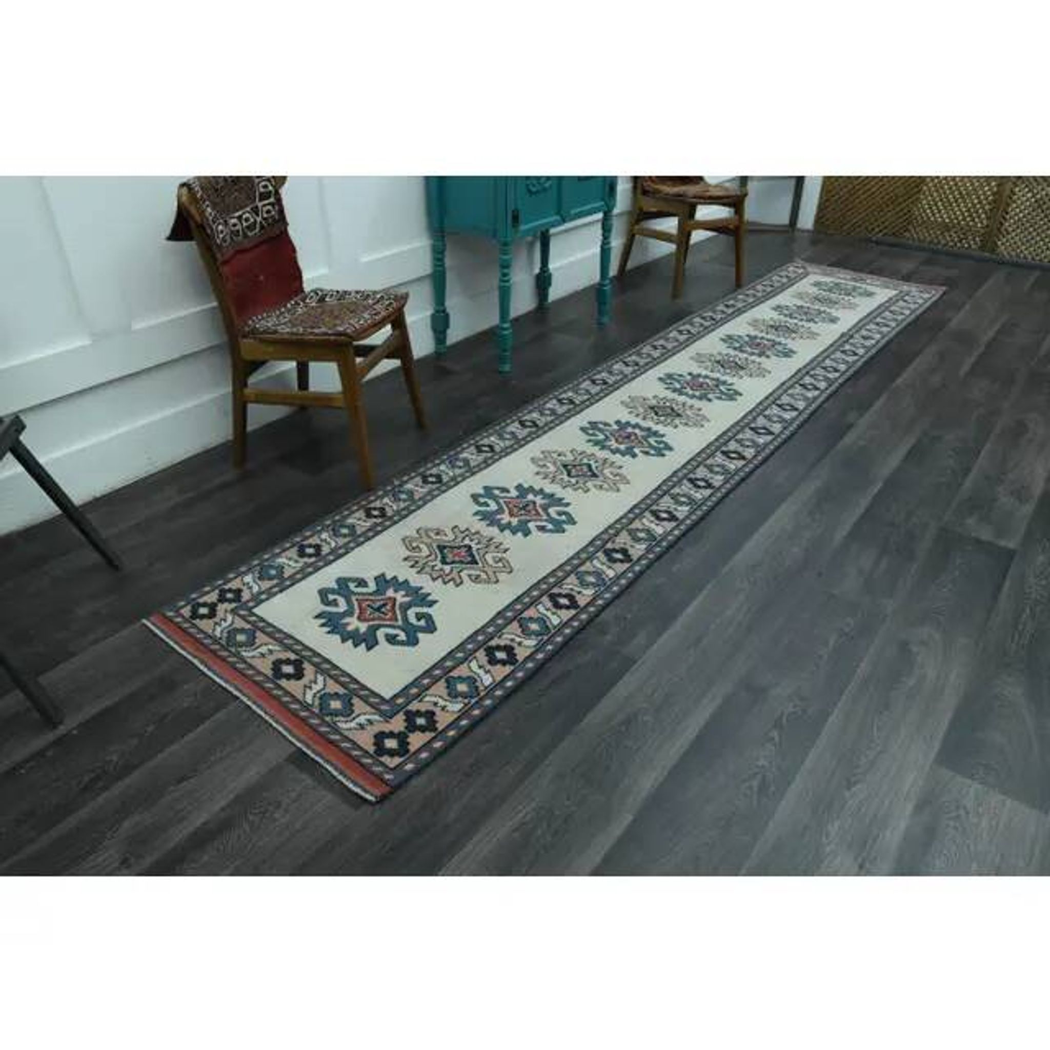 1970s Vintage Turkish Handmade Wool & Cotton Beige Runner Rug 84x402