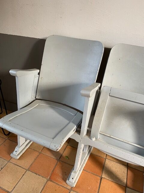 Vintage cinema bench patinated in grey