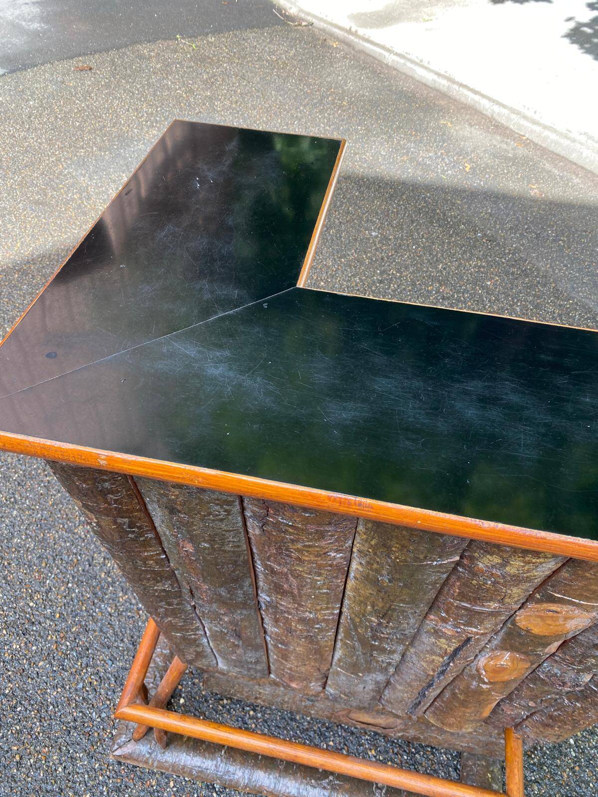 Brutalist wooden bar cabinet with 2 stools