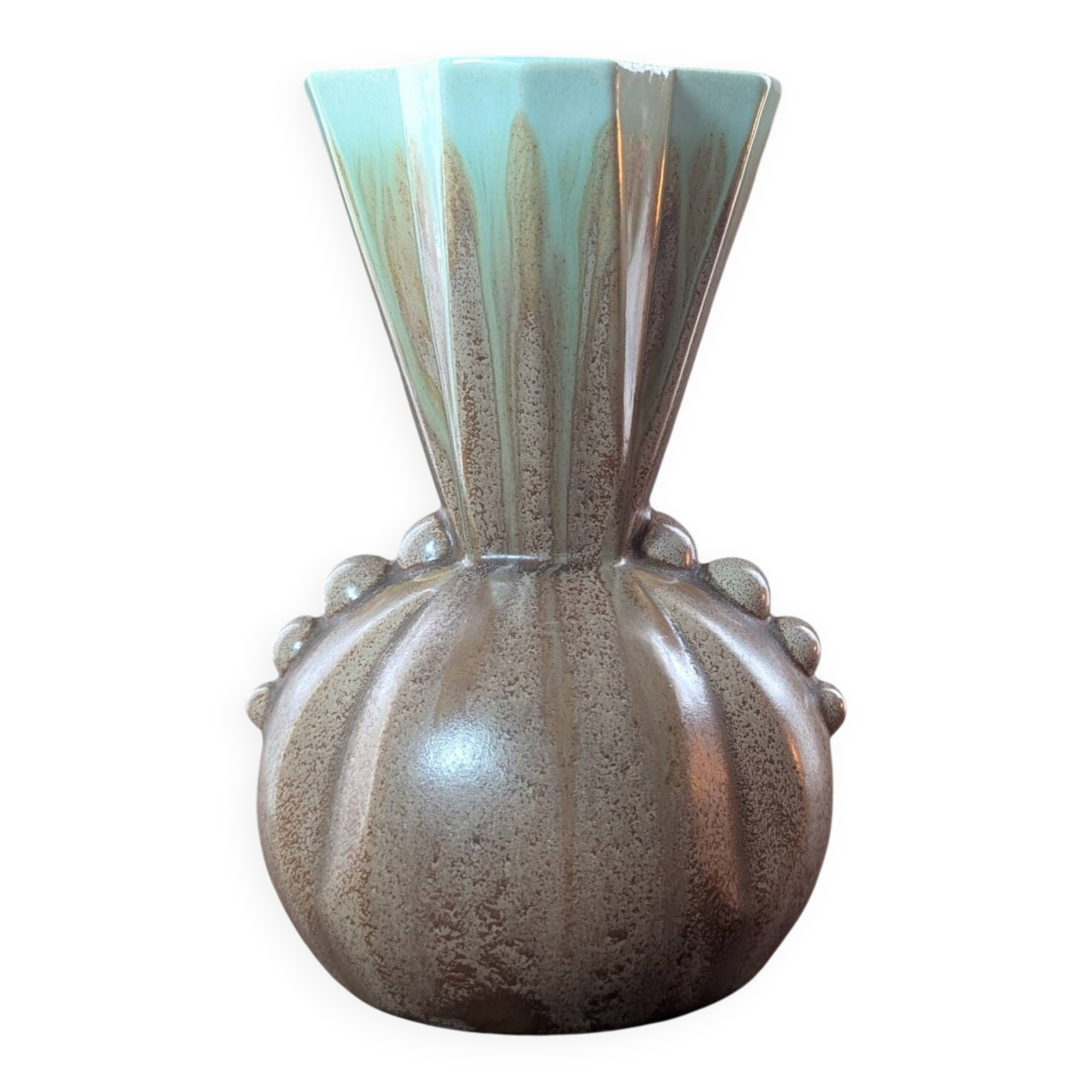 Vintage vase Made in Belgium 333 in turquoise brown ceramic