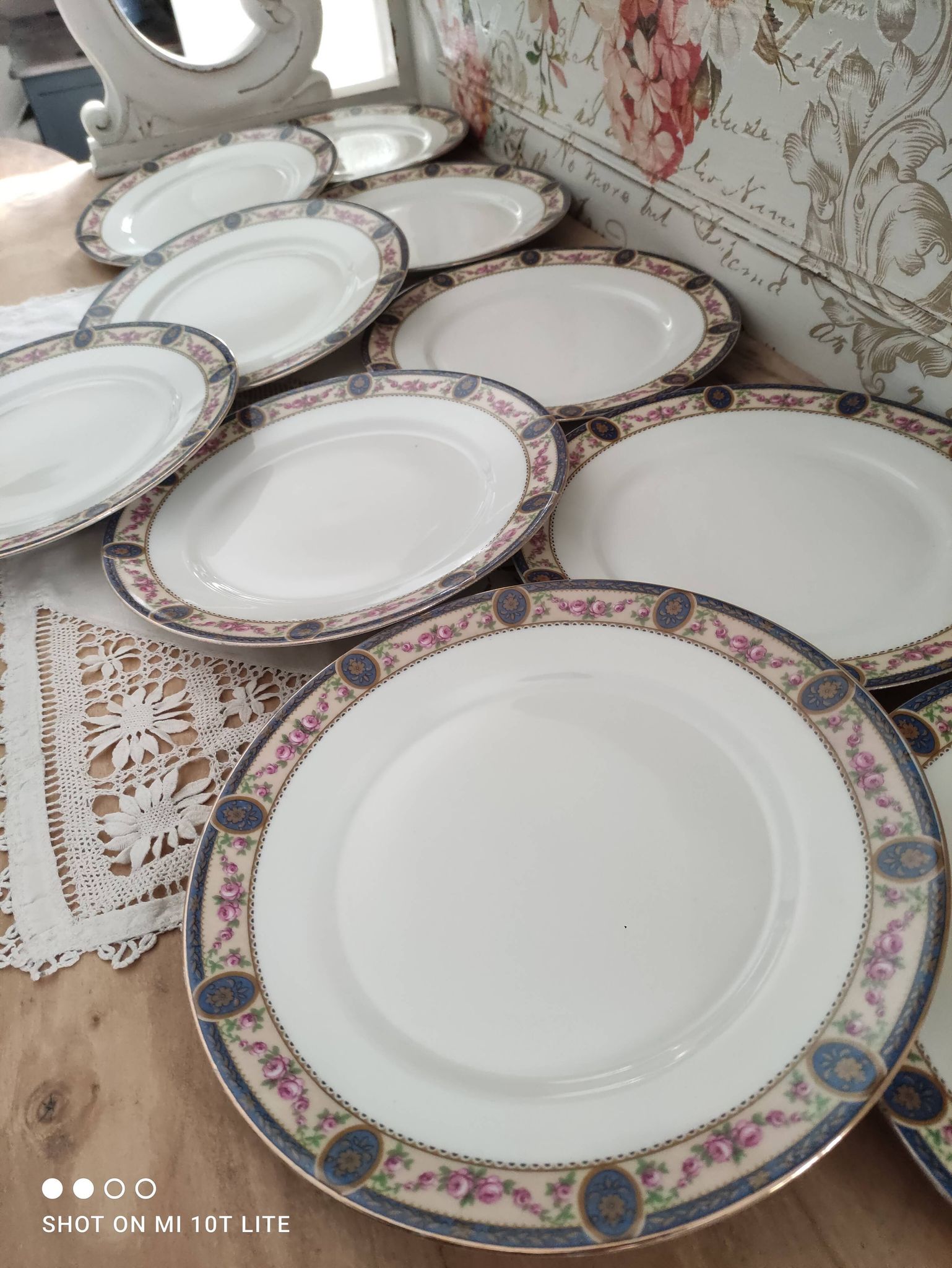 Set of 10 flat plates in Limoges porcelain stamp RN frieze blue old pinks