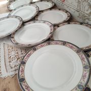 Set of 10 flat plates in Limoges porcelain stamp RN frieze blue old pinks