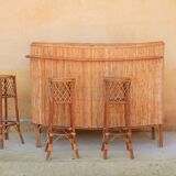 Rattan bar with 3 vintage stools