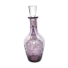 Flacon,carafe à liqueur ancienne en verre soufflé violet orné de fleurs gravées