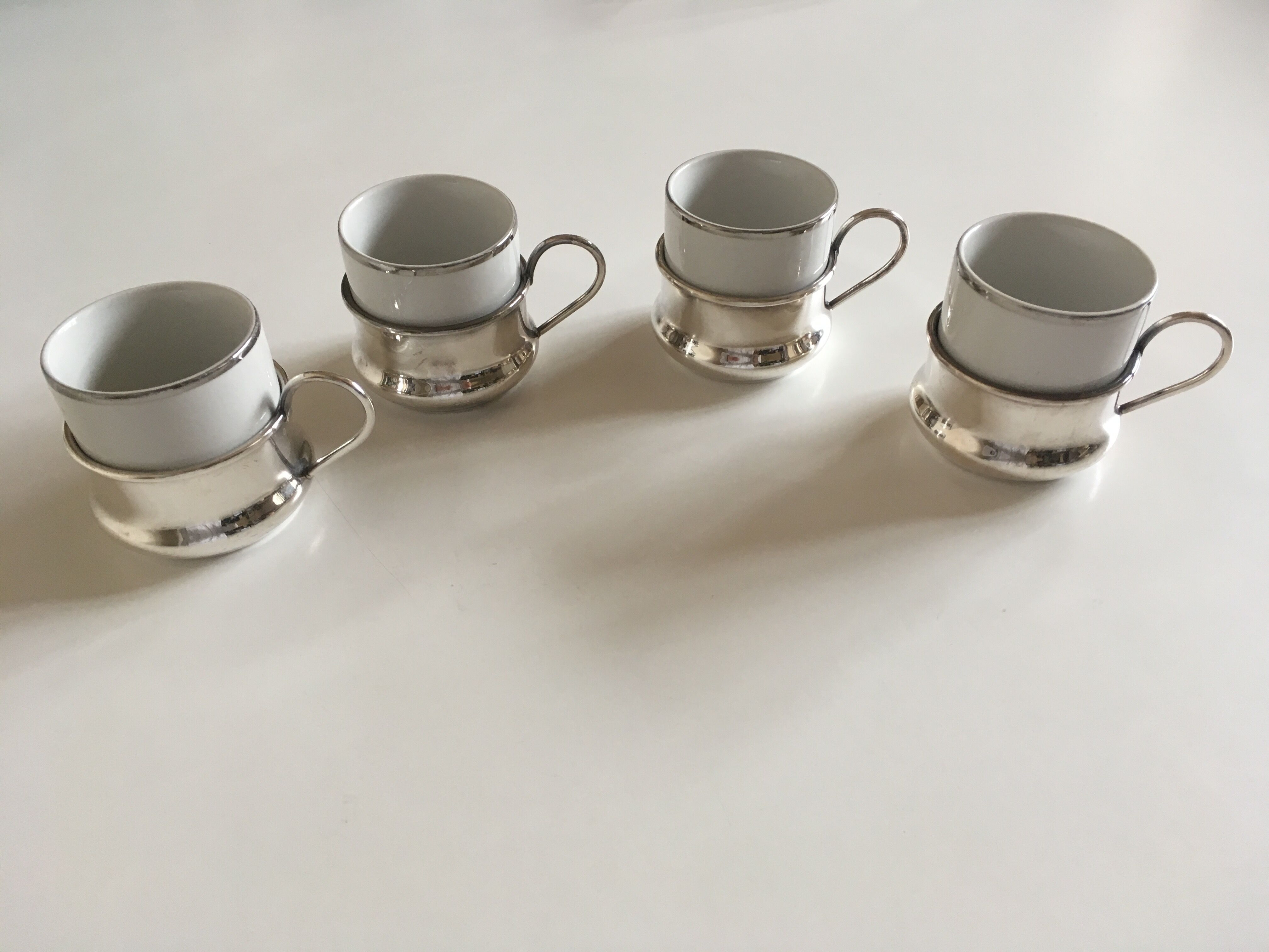 Set of 4 coffee cups silver metal coves Italian design, 70s
