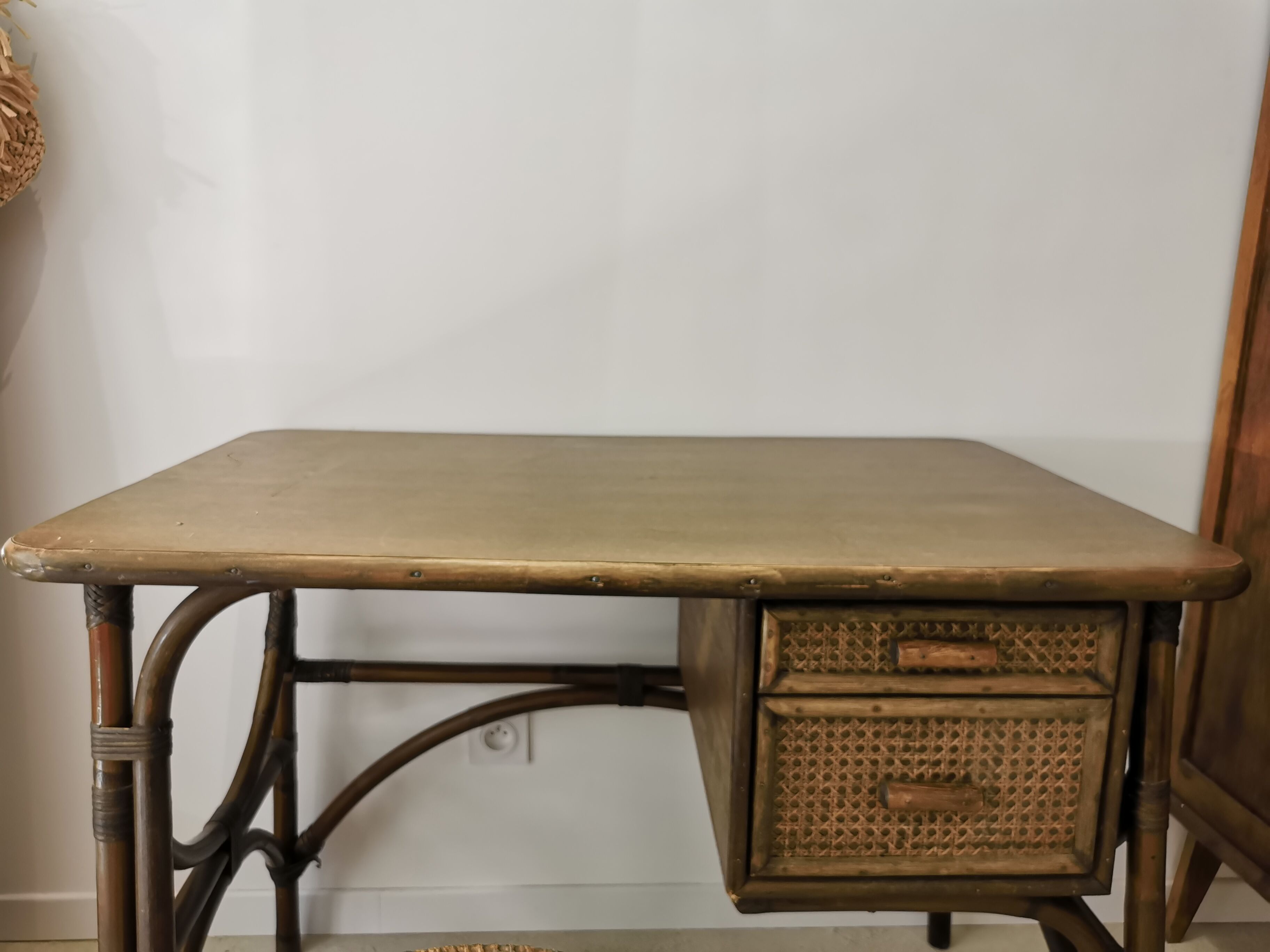 Rattan desk and vintage canning