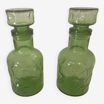 Pair of vintage green glass decanters 1970s/1908s