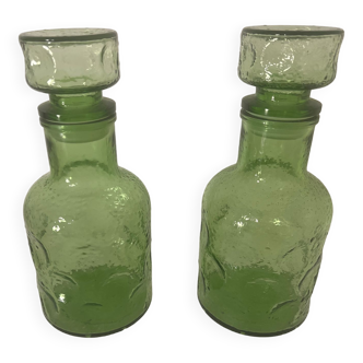Pair of vintage green glass decanters 1970s/1908s