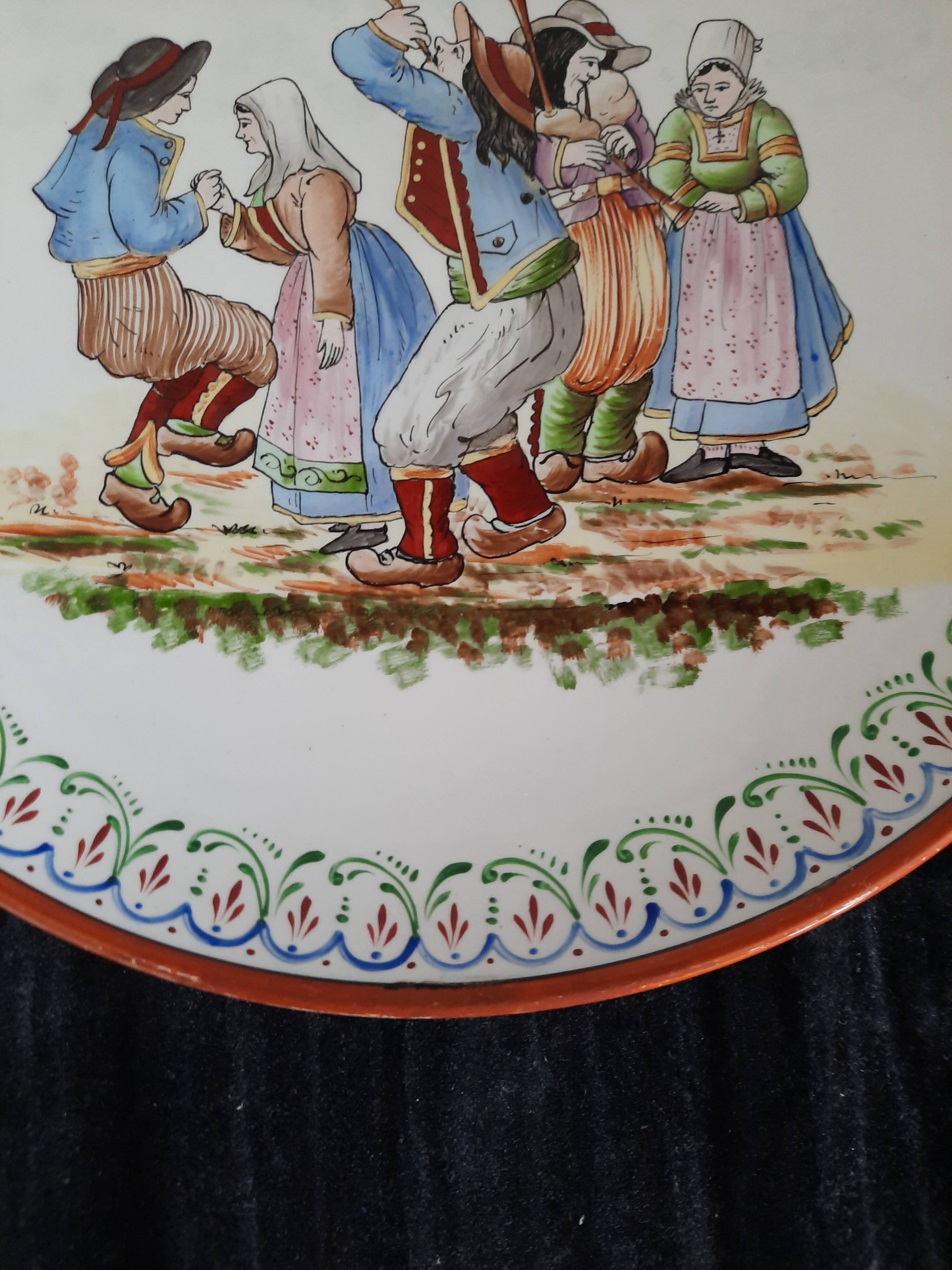 Large Round Antique Plate 33 cm Ceramic Pierrefonds - Regional Dance Decoration