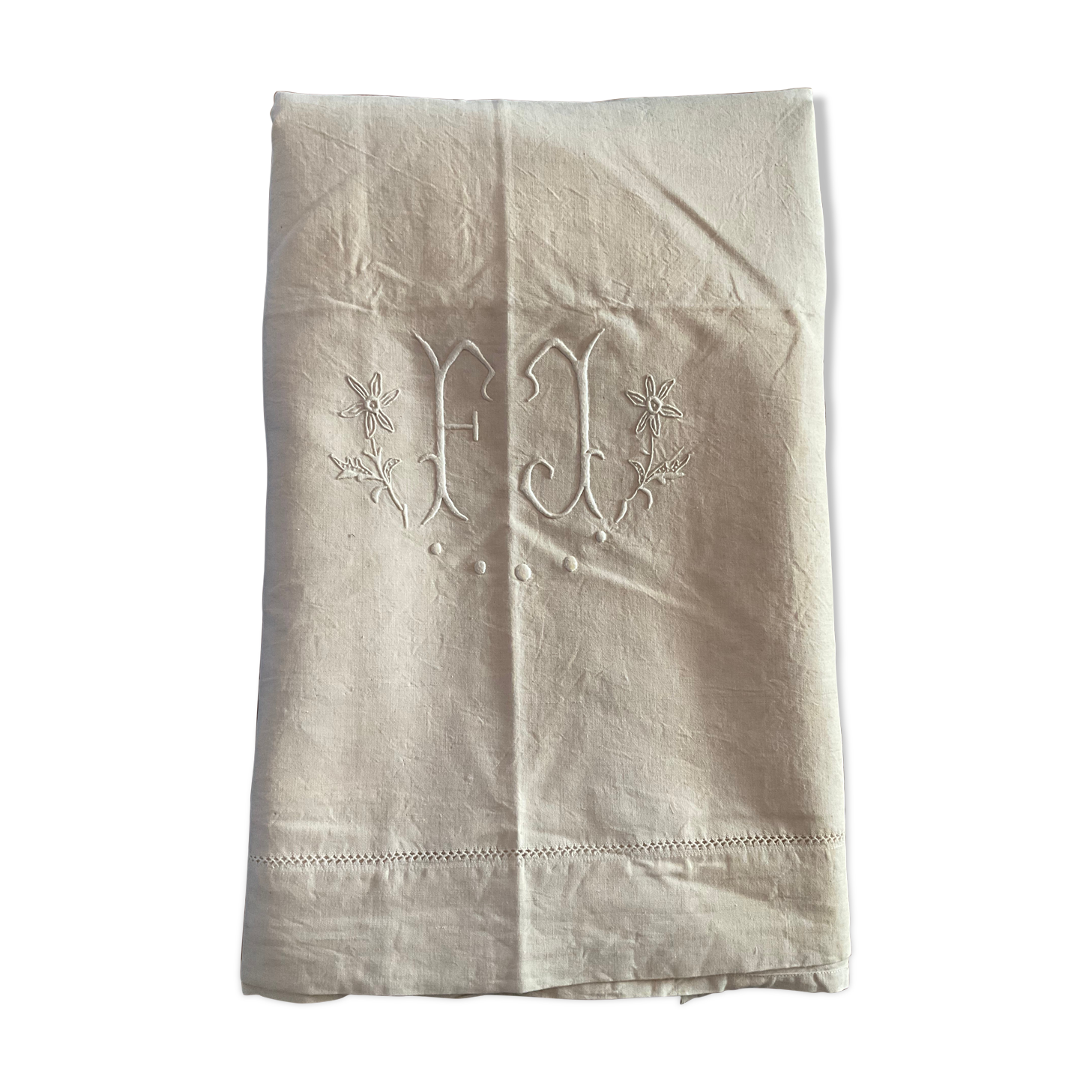 Old embroidered sheet, monogram F J