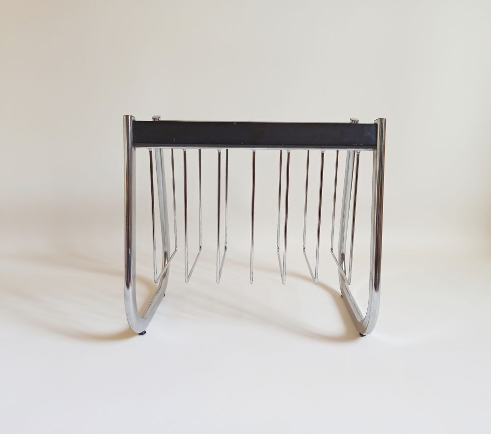 Magazine holder chrome metal and wood 70s