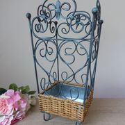Shabby chic French umbrella stand in metal and woven wicker – storage