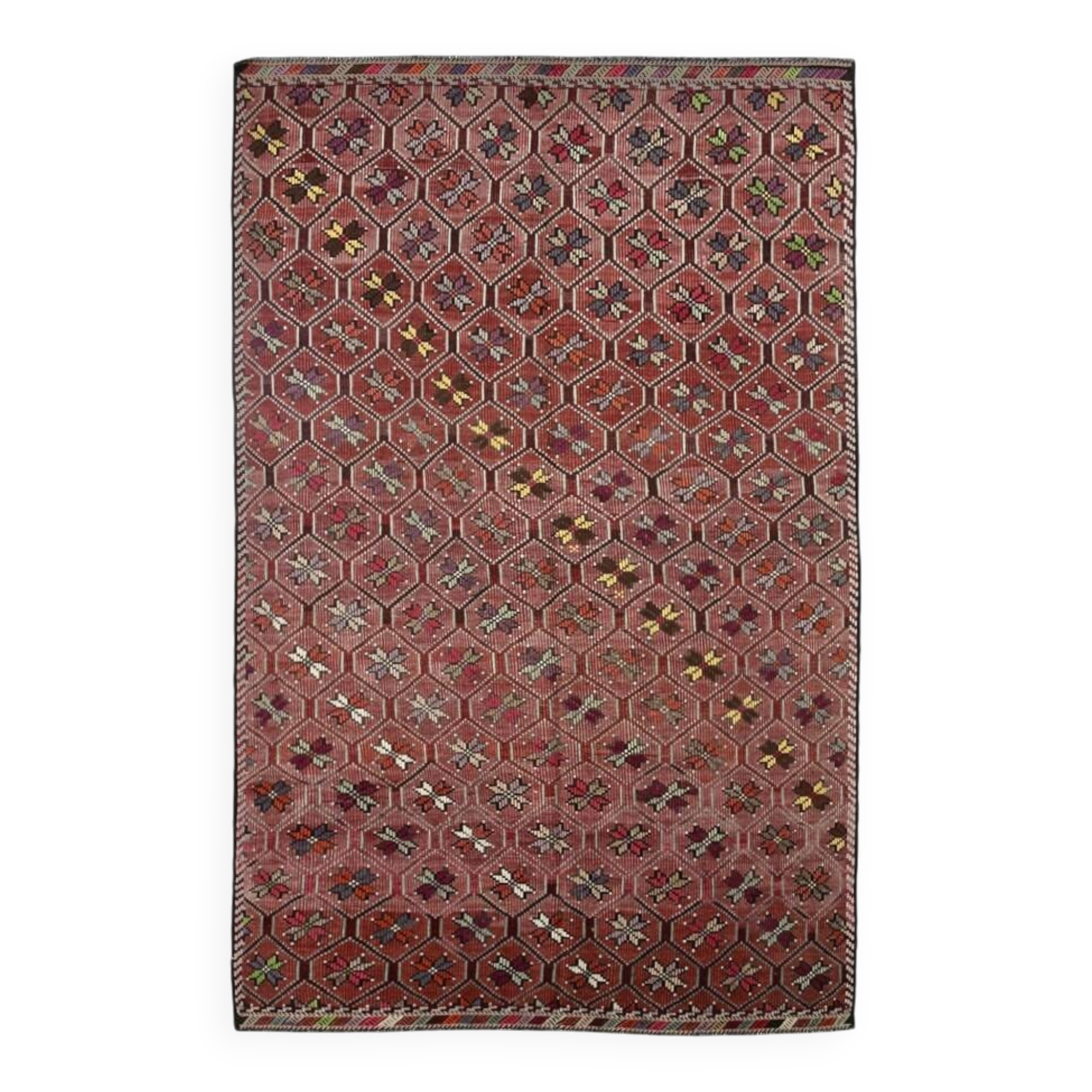 Burgundy Red Star Pattern Vintage Kilim Rug, 194x314Cm