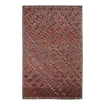 Burgundy Red Star Pattern Vintage Kilim Rug, 194x314Cm