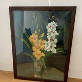 Peinture à l'huile nature morte de fleurs, signée : GRAF 1947