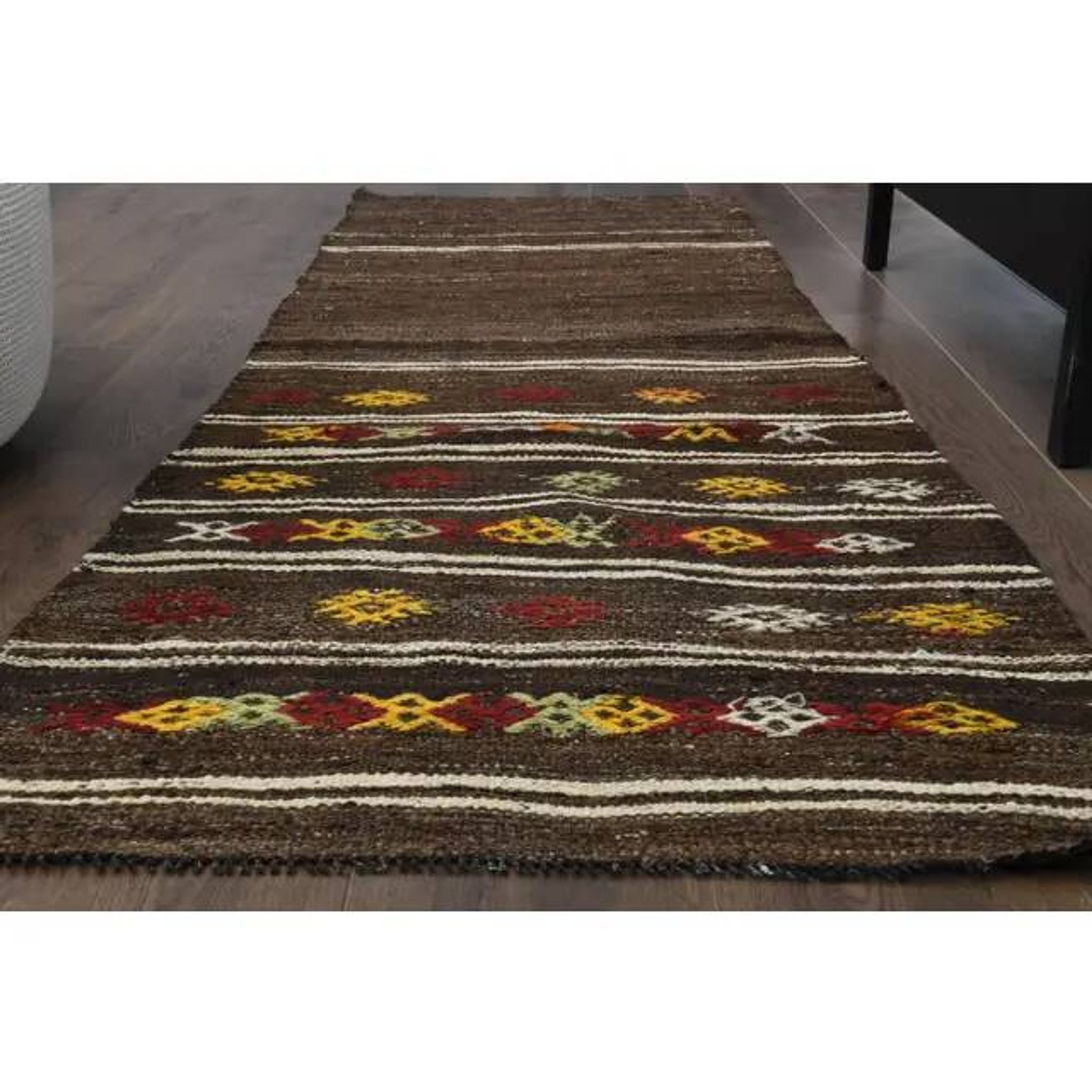 1970s Vintage Turkish Oushak Handmade Wool Cotton Brown Runner Rug 73x207
